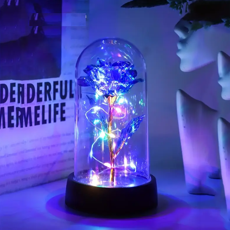 MOONOVA - Blauwe Galaxy Forever Roos met LED - Magisch Geschenk MOONOVA