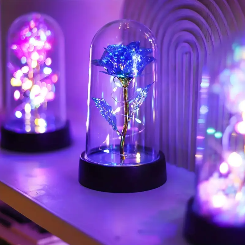 MOONOVA - Blauwe Galaxy Forever Roos met LED - Magisch Geschenk MOONOVA