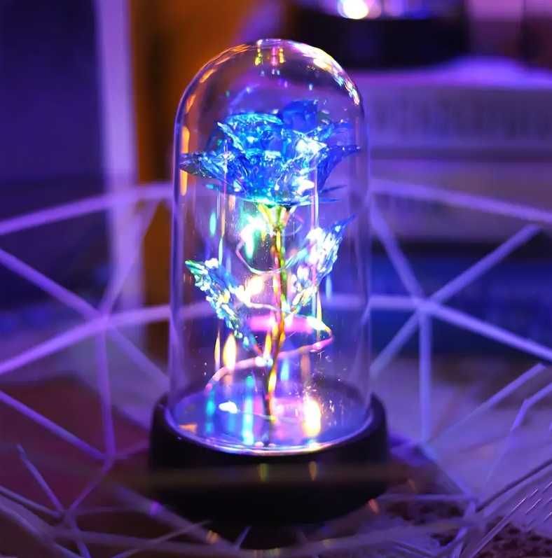 MOONOVA - Blauwe Galaxy Forever Roos met LED - Magisch Geschenk MOONOVA