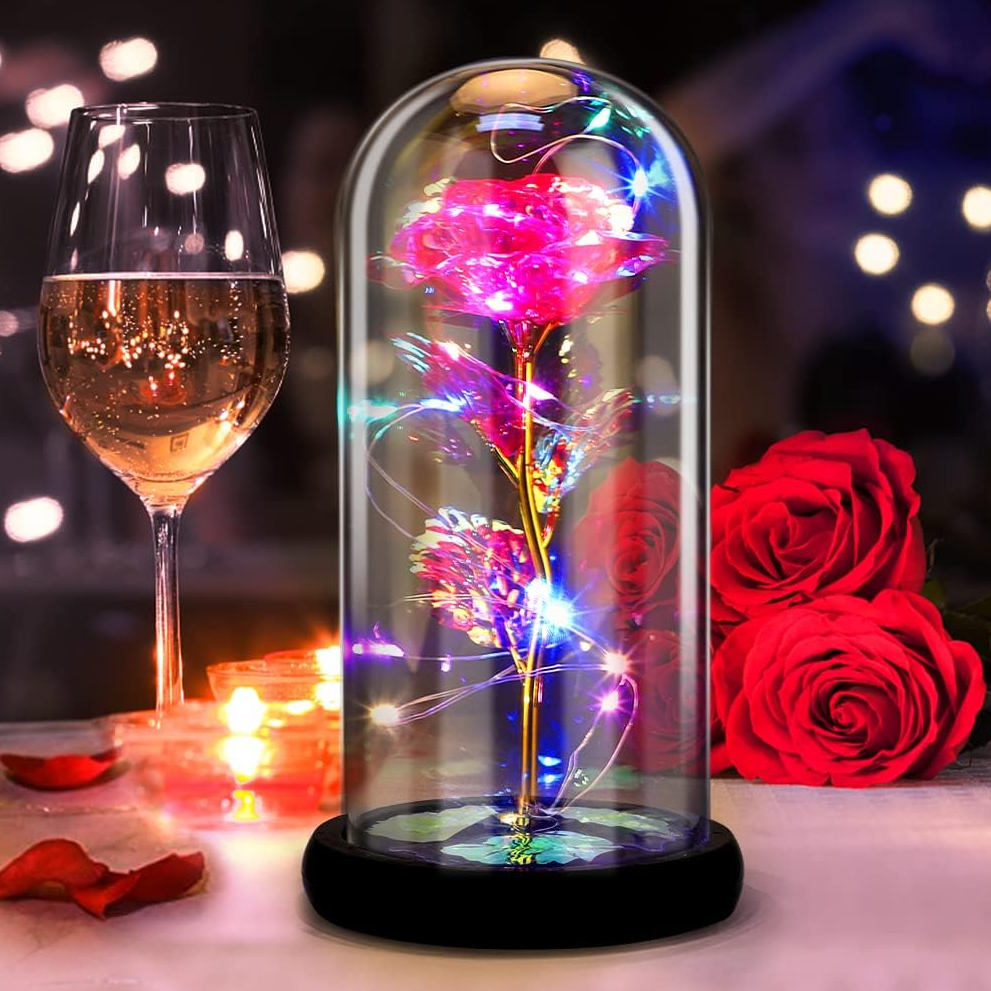 MOONOVA - Roze Galaxy Forever Roos met LED - Magisch Geschenk MOONOVA