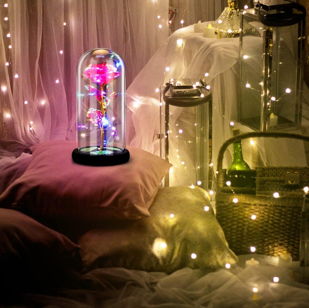 MOONOVA - Roze Galaxy Forever Roos met LED - Magisch Geschenk MOONOVA