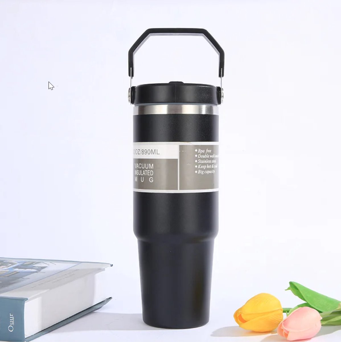 MOONOVA - Thermosbeker - RVS 890ml - Met Handvat & Rietje| Zwart MOONOVA